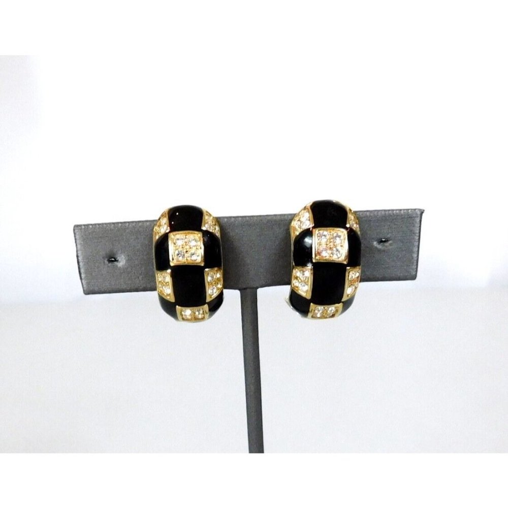 Roman Black Enamel Pave Crystal Rhinestone Half Hoop Earrings Clip on